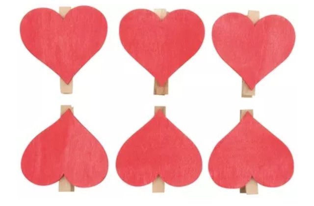 Dřevěné kolíčky srdce červené, 6 ks