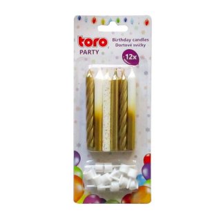 Svíčky TORO zlaté s držátky, výška 8 cm, set 12ks