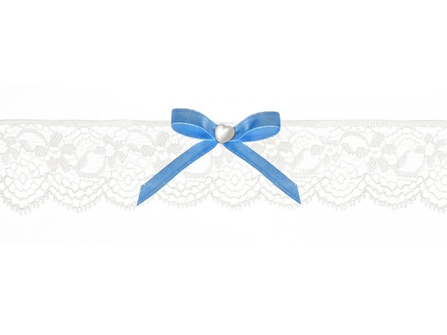 Svatební krajkový podvazek, krémový + modrá mašle