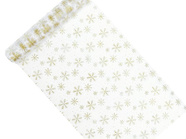Organza, bílá se zlatým potiskem, 0.36/9 m