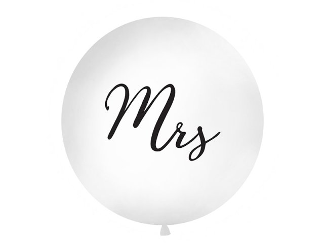 Velký balónek 1m bílý, s černým nápisem "Mrs"