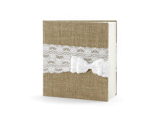 Svatební kniha hostů vázaná v jutové tkanině s mašlí
