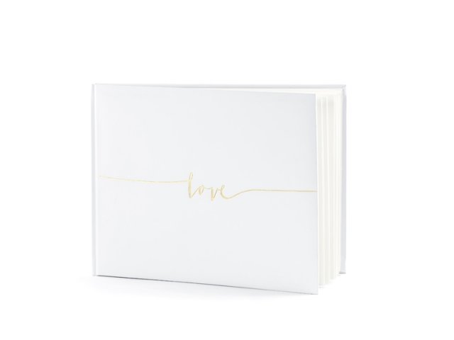 Svatební kniha hostů, bílá se zlatým nápisem "Love"