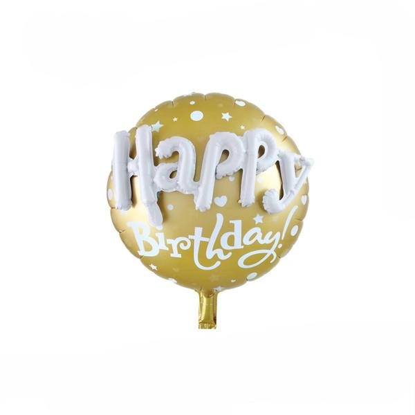 3D balónek "Happy Birthday", zlatý s bílým 3D nápisem, 58x58cm