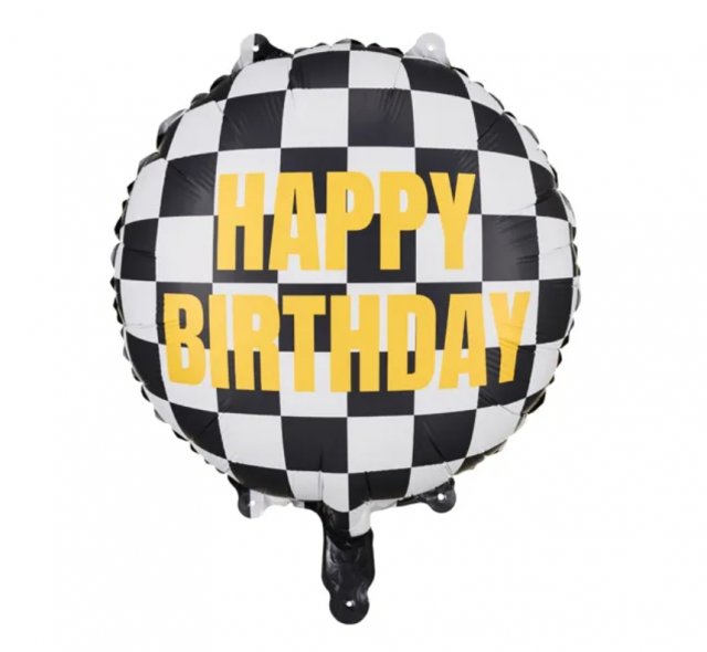 Fóliový balónek "kostkovaná vlajka" - Happy Birthday, 45 cm