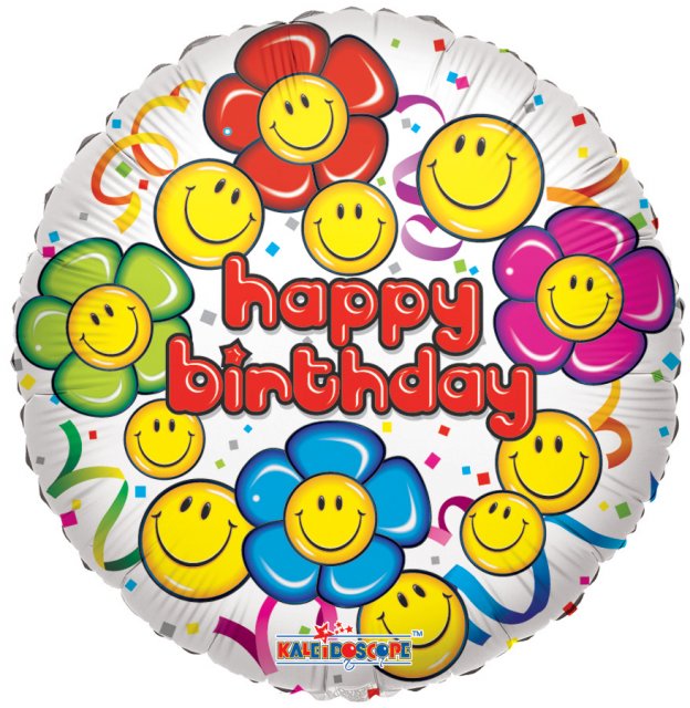 Fóliový balónek Happy Birthday, smajlíci, kruh, 46cm