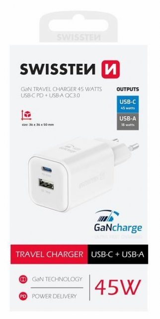 Rychlonabíjecí síťový adaptér GaN 1x USB-C 20W PD + datový kabel USB-C/Lightning 1.2 m bílý (zn. SWISSTEN)