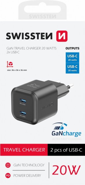 Adaptér GaN, 2x USB-C, 20W, s funkcí rychlonabíjení, černý (zn. SWISSTEN)