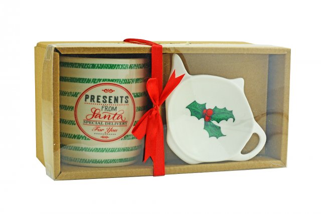 Dárkový set - hrnek a čajová miska na hrnek s vánočním motivem - zelený (zn. ExcellentHouseware)