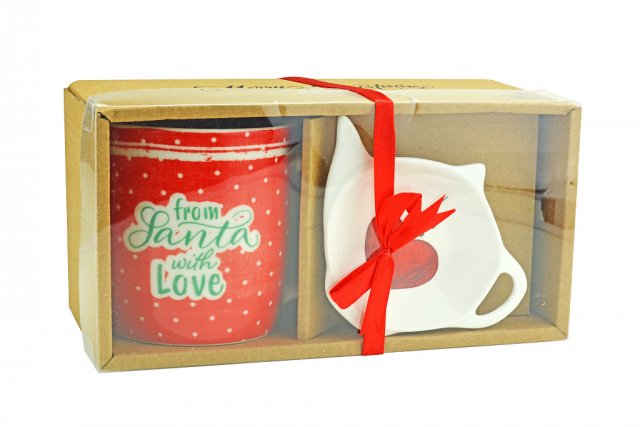 Dárkový set hrnek a čajová miska na hrnek s vánočním motivem - červený (zn. ExcellentHouseware)