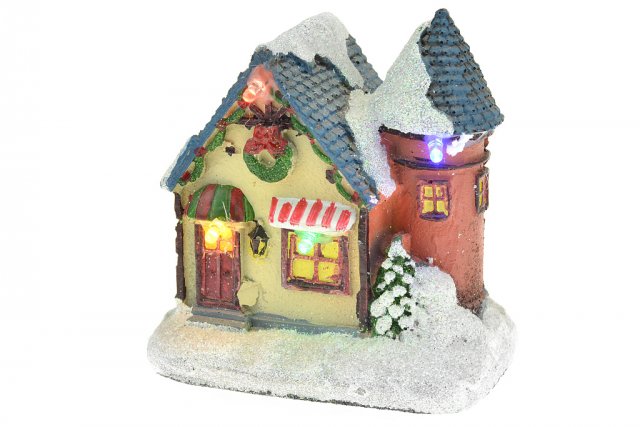 Vánoční dekorace - dům s věžičkou, s LED osvětlením, 9 cm