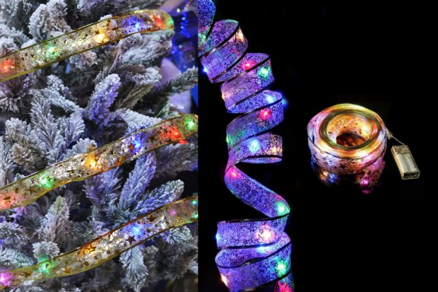 Vánoční stuha s LED světýlky, délka 5m, 50LED - zlatá stuha/barevné světlo