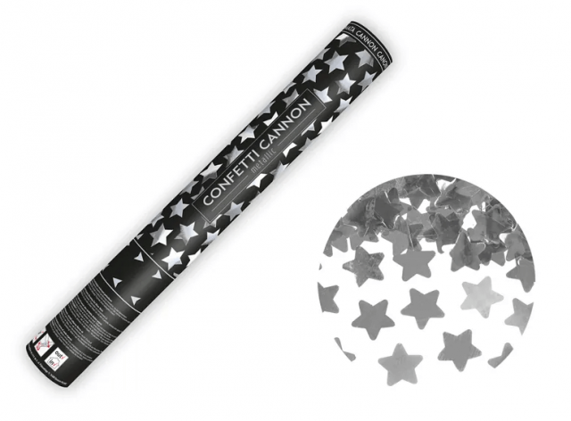 Vystřelovací konfety, stříbrné, hvězdy, 40 cm (zn. PartyDeco)