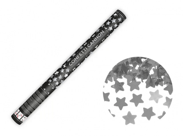 Vystřelovací konfety, stříbrné, hvězdy, 60 cm (zn. PartyDeco)