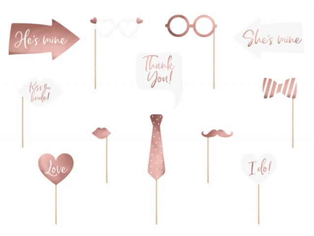 Svatební / rozlučkové rekvizity do fotokoutku, rosegold edice, set 10ks (zn. PartyDeco)