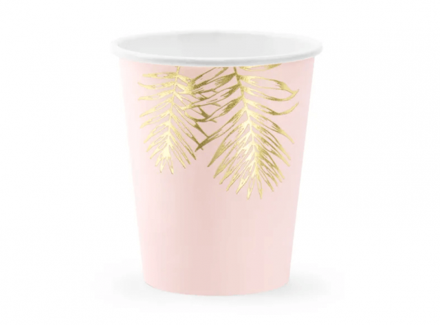 Papírový kelímek, růžový se zlatým listím, 220ml, set 6ks (zn. PartyDeco)