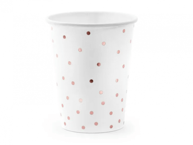 Papírové kelímky, bílé s růžovými puntíky, 260ml, set 6ks (zn. PartyDeco)