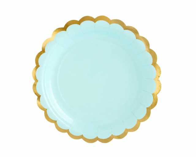 Papírové talířky mátové se zlatým okrajem, 18cm, set 6ks (zn. PartyDeco)