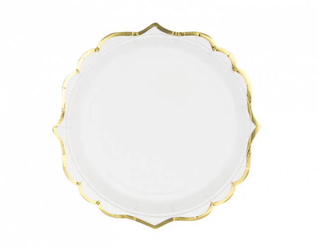Papírové talířky - bílé s zlatým okrajem, 18.5cm, set 6ks (zn. PartyDeco)