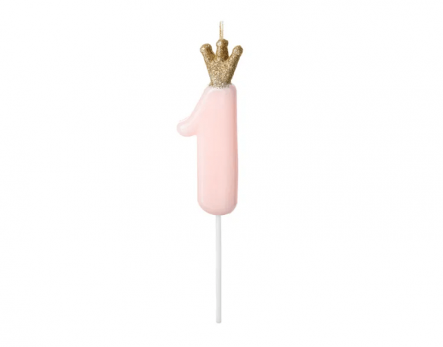 Narozeninová svíčka číslo 1 s korunkou, světle růžová, 9.5 cm (zn. PartyDeco)