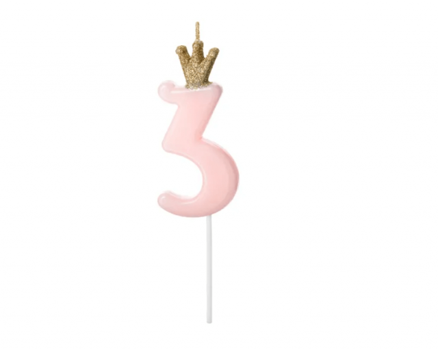Narozeninová svíčka číslo 3 s korunkou, světle růžová, 9.5 cm (zn. PartyDeco)