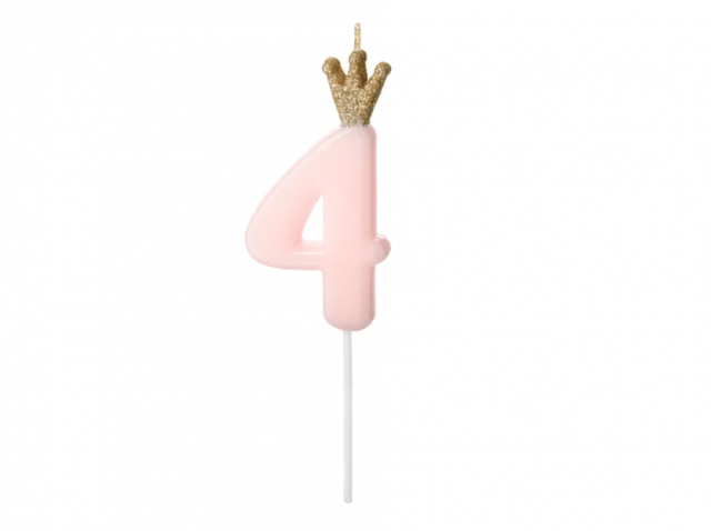 Narozeninová svíčka číslo 4 s korunkou, světle růžová, 9.5 cm (zn. PartyDeco)