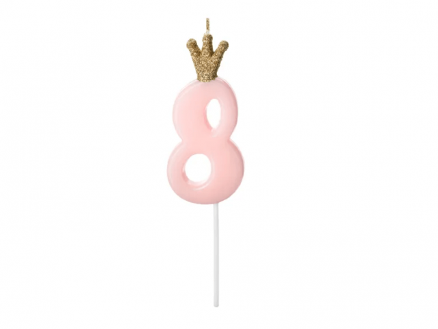 Narozeninová svíčka číslo 8 s korunkou, světle růžová, 9.5 cm (zn. PartyDeco)