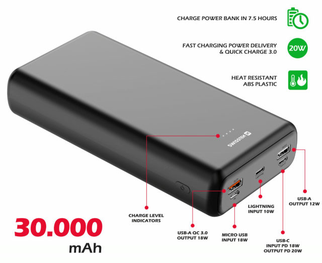 Powerbanka POWERLINE 30 000 mAh, 20W, černá (zn. SWISSTEN)