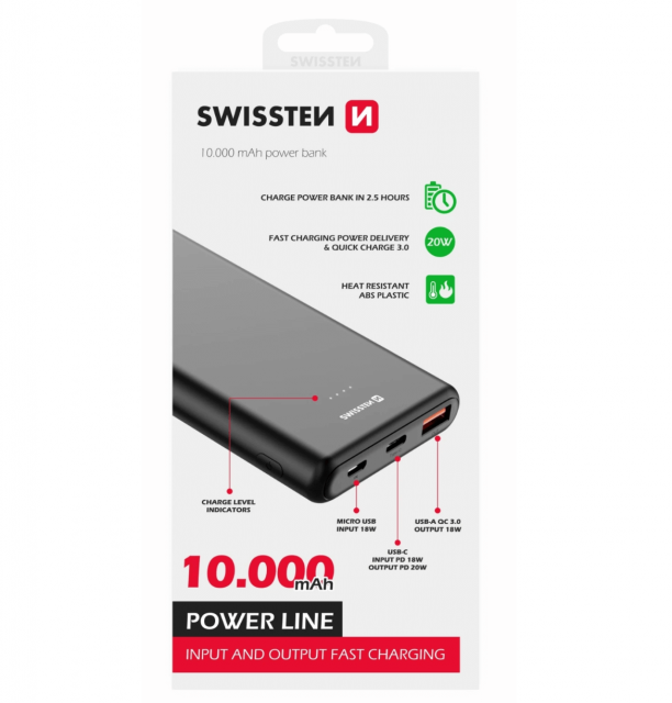 Powerbanka POWER LINE 10 000 mAh, 20W, Power Delivery, černá (zn. SWISSTEN)