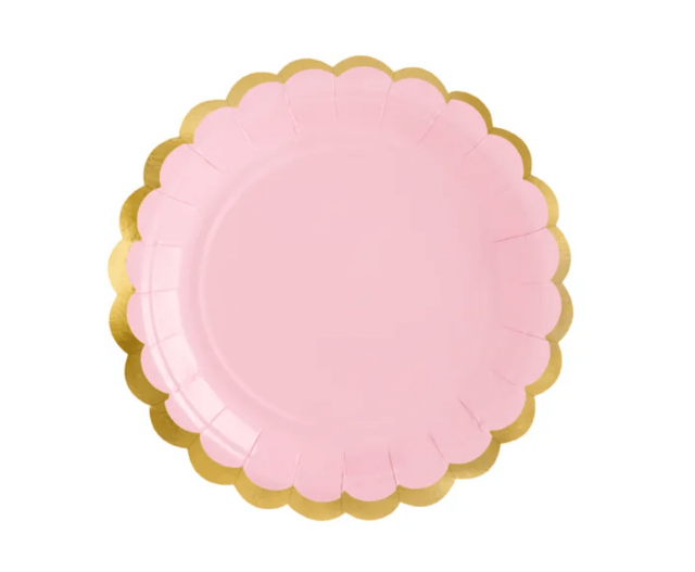 Papírové talířky, růžové se zlatým okrajem, 18cm, set 6ks (zn. PartyDeco)