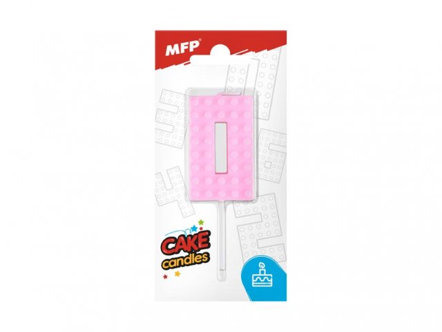 Dortová svíčka, ČÍSLICE 0, lego design, růžová barva (zn. MFP)