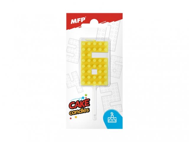 Dortová svíčka, ČÍSLICE 6, lego design, žlutá barva (zn. MFP)