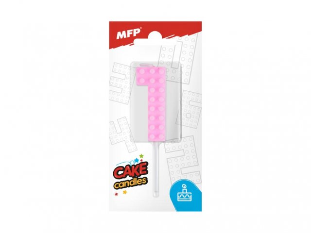 Dortová svíčka, ČÍSLICE 1, lego design, růžová barva (zn. MFP)