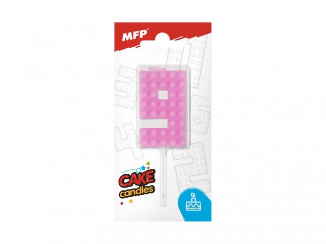 Dortová svíčka, ČÍSLICE 9, lego design, růžová barva (zn. MFP)