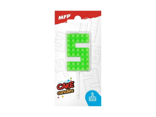 Dortová svíčka, ČÍSLICE 5, lego design, svítivě zelená barva (zn. MFP)