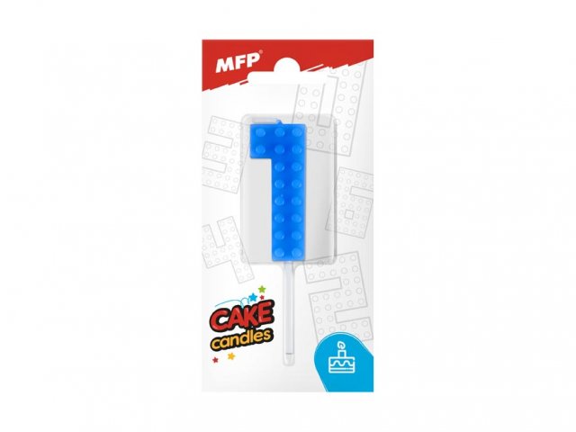 Dortová svíčka, ČÍSLICE 1, lego design, modrá barva (zn. MFP)