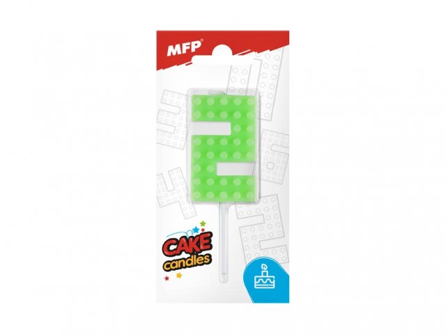 Dortová svíčka, ČÍSLICE 2, lego design, svítivě zelená barva (zn. MFP)