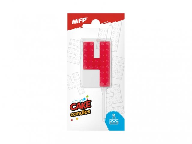 Dortová svíčka, ČÍSLICE 4, lego design, červená barva (zn. MFP)