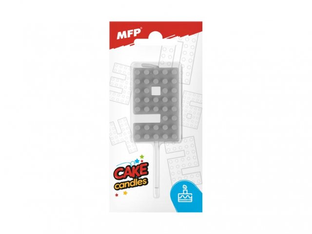 Dortová svíčka, ČÍSLICE 9, lego design, šedá barva (zn. MFP)