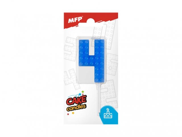 Dortová svíčka, ČÍSLICE 4, lego design, modrá barva (zn. MFP)