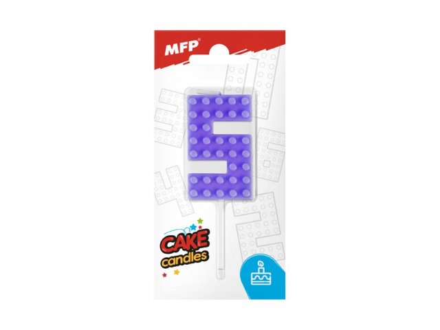 Dortová svíčka, ČÍSLICE 5, lego design, fialová barva (zn. MFP)