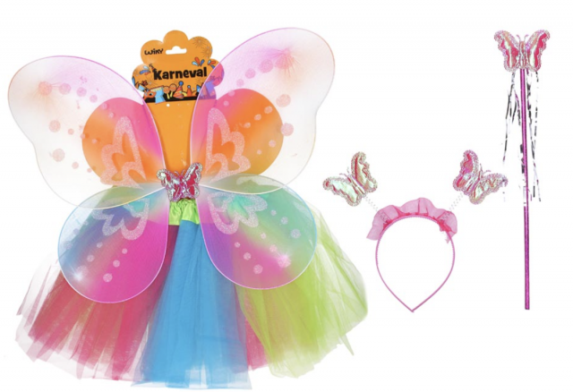 Set karneval, VÍLA barevná - sukýnka, křídla, čelenka a hůlka (zn. WIKY)