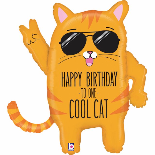 Fóliový balónek Kočka Happy Birthday to one Cool cat, oranžová barva (zn. GRABO)