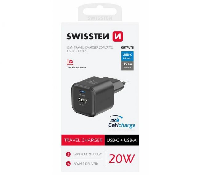 SWISSTEN síťový mini adaptér GaN 1x USB-C 20W PD + 1x USB-A 18W QC, černá barva