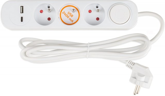 3místný prodlužovací zásuvkový přívod s USB A+C nabíječkou 2.4A, 3 x 1mm2, bílý, vypínač, délka 2m (zn. SOLIGHT)