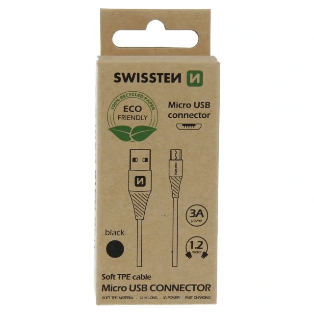 SWISSTEN datový kabel USB / micro USB, délka 1.2m, černá barva (ECO BALENÍ)