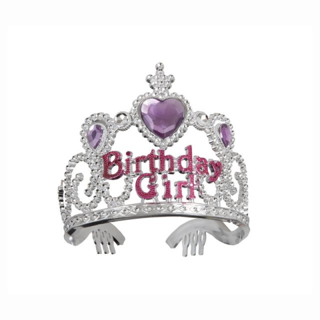 Korunka BIRTHDAY girl s diamanty, růžový nápis, stříbrná barva (zn. UNIQUE)