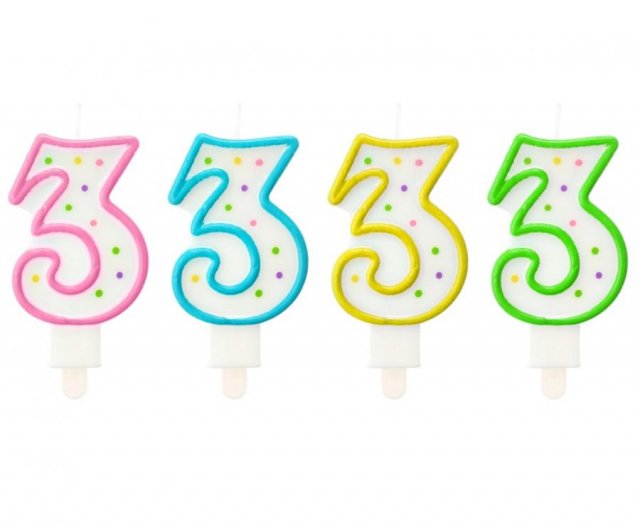 Dortová svíčka, ČÍSLICE 3, barevná s puntíky, velikost 7.5cm (zn. Godan) - růžová
