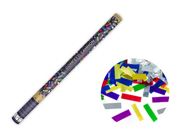 Vystřelovací konfety barevné proužky, metalické, délka 80cm (zn. PartyDeco)