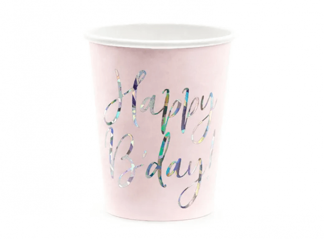 Papírové kelímky Happy B´day, růžové, 220ml, set 6ks (zn. PartyDeco)
